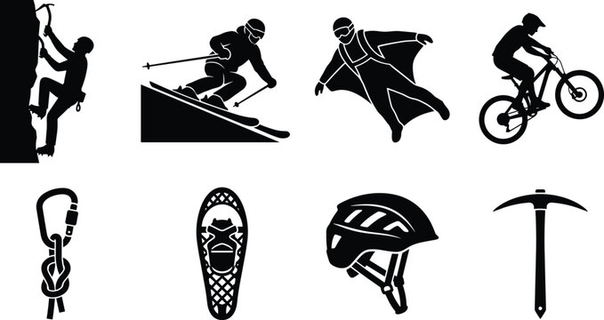 Extreme Sports and Outdoor Adventure Gear Silhouettes Set Featuring Climbing Skiing and Mountain Biking