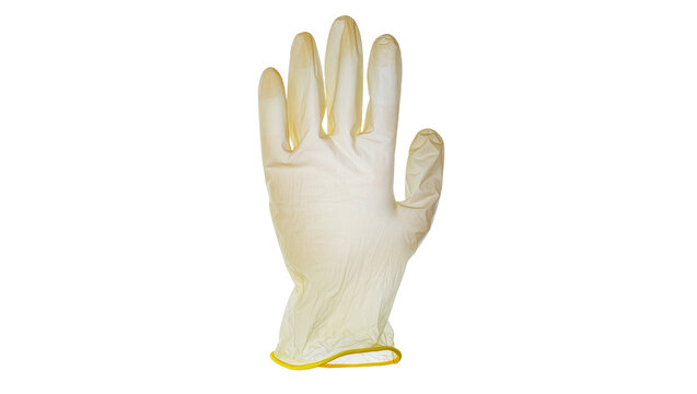 Single disposable latex glove with yellow trim, isolated on transparent background