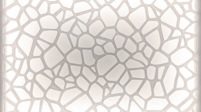 Contemporary abstract full frame background pattern of translucent frosted acrylic material cut in organic Voronoi grid shapes over a clean white background.