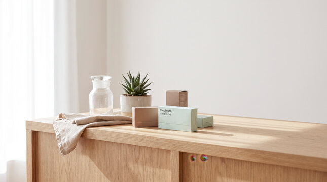 Minimalist medicine packaging still life on oak sideboard with apothecary jar and succulent plant