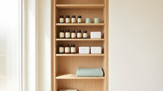 Minimalist oak niche shelf with amber supplement bottles labeled pill boxes and folded towel