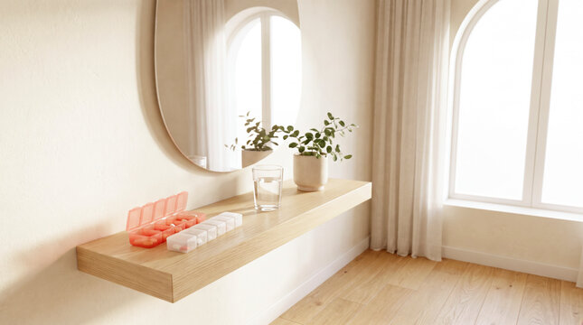 Weekly pill organizers on floating shelf with glass of water and eucalyptus plant by round mirror