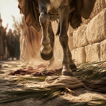 Donkey walking on palm leaf and garment during Jesus entry into Jerusalem. Biblical scene of Palm Sunday. Religious tradition and historical event depicting holy week worship celebration.