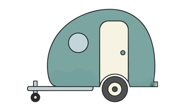 Minimalist monoline teardrop camper trailer icon with a small round window, isolated on white. Retro travel concept