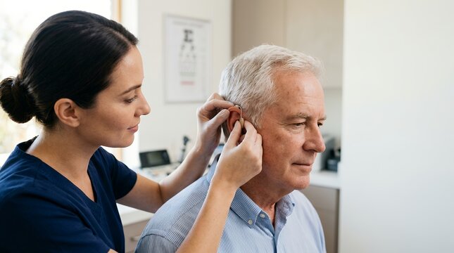 Audiologist fitting hearing aid for senior man. Doctor adjusting medical device in patient ear.