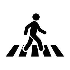 Black pedestrian icon showing a person walking across a zebra crossing street sign symbol Vector © asmaan