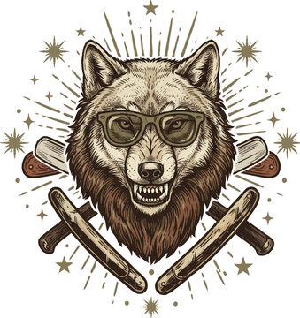 Vintage Hipster Wolf Head Barber Mascot with Beard and Sunglasses, Crossed Straight Razors Vector Illustration
