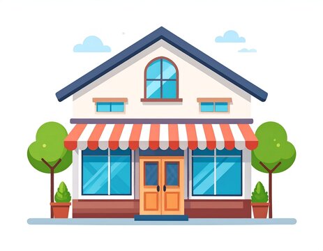Front view of a small boutique shop building in a flat vector illustration style