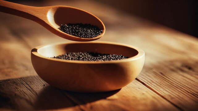 Close-up slow motion of dark lentils being scooped from a rustic wooden bowl on a textured wooden surface, showcasing rustic preparation and organic food preparation, representing healthy eating