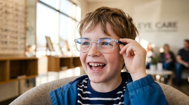 Happy boy wearing new glasses at optometry clinic. Child smiling with clear vision correction.