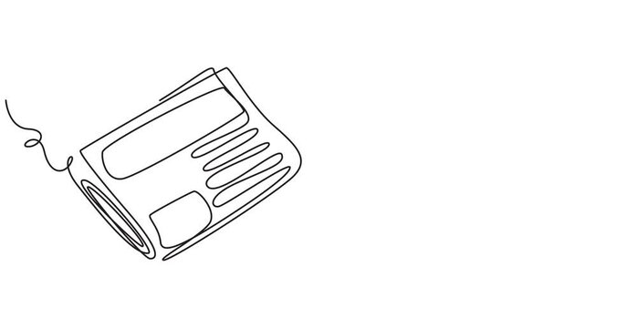 Animated self drawing of continuous line draw stack of news newspapers with cup of coffee.  Full length one line animation. 4K, newspaper continuous one line drawing animation