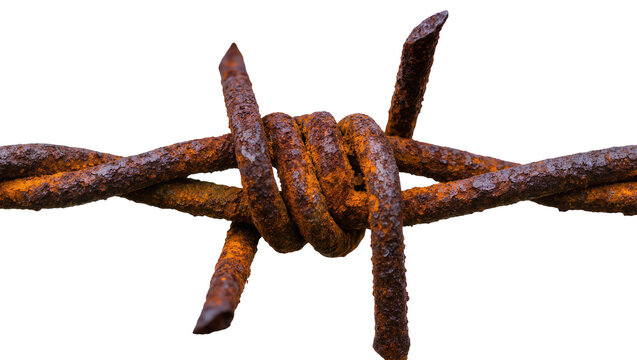 Rusty barbed wire knot showing corrosion and decay, isolated on transparent background