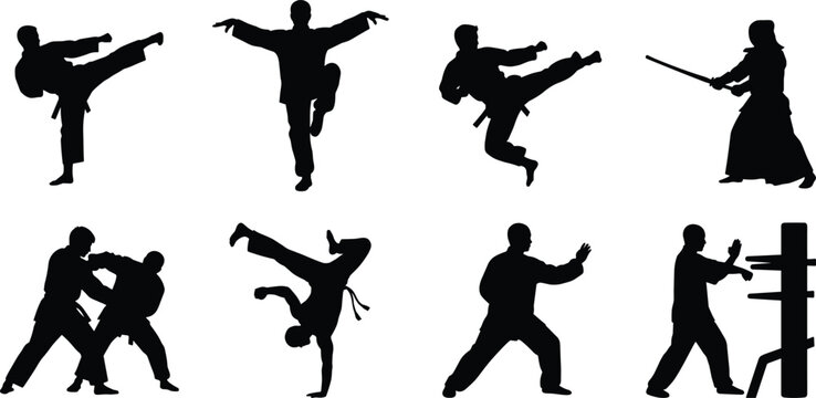 Martial Arts Silhouettes Vector Set for Karate Taekwondo Kung Fu and Combat Sports