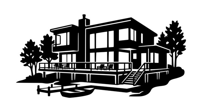 Modern lakeside house silhouette with boat dock and deck illustration