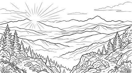 Fototapeta premium Scenic Mountain Valley at Sunrise Line Art Coloring Page