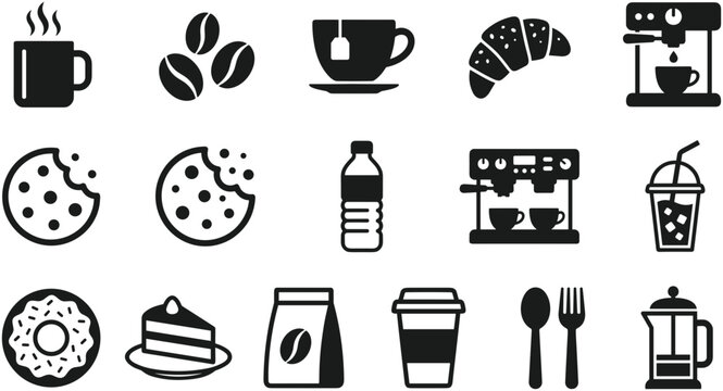 Set of coffee shop and bakery icons including food and beverage items.