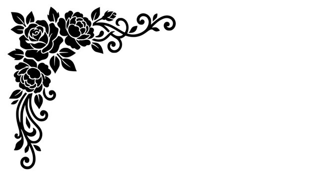 Elegant floral corner border with black roses and swirly patterns