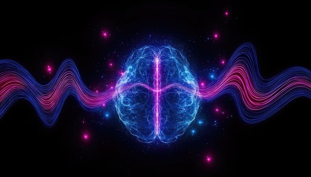 Glowing blue human brain with pink light waves on black background