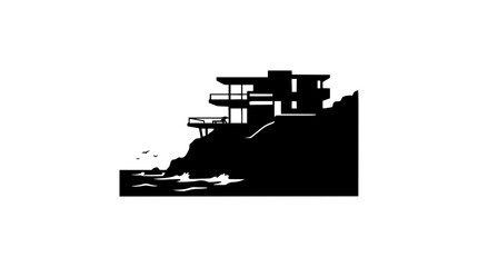 Naklejka premium Modern Cliffside House Overlooking Ocean Waves Silhouette Illustration