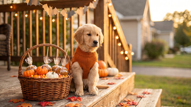 Cute golden retriever puppy in warm orange sweater sitting on decorated autumn porch with basket of candy apples for Halloween