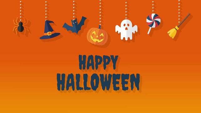 Happy Halloween Banner Animation with Hanging Spooky Icons on Orange Background, Holiday Motion Graphic