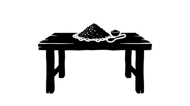 Silhouette illustration of a rustic wooden table with ingredients and spoon