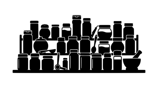 Spice Rack Silhouette with Various Jars and Kitchen Utensils on Shelves