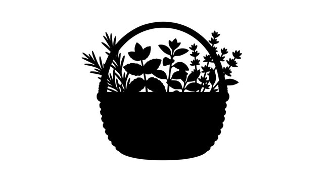 Silhouette of a Wicker Basket Filled with Assorted Fresh Herbs