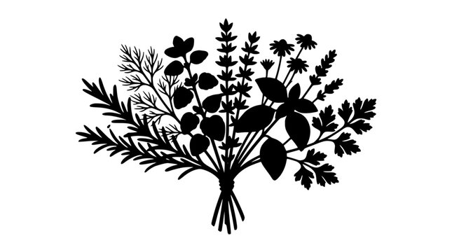 Silhouette of a herb bouquet with rosemary basil parsley and thyme