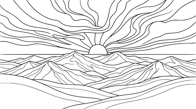 Sunset Over Mountain Range Coloring Page Illustration