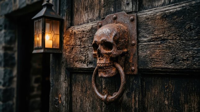 Skull chained to rustic wooden door for Halloween decor. Spooky vintage metal ring and bone prop for haunted house theme.