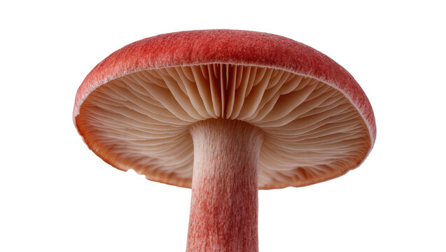 Red mushroom cap with gills and stem, isolated on transparent background