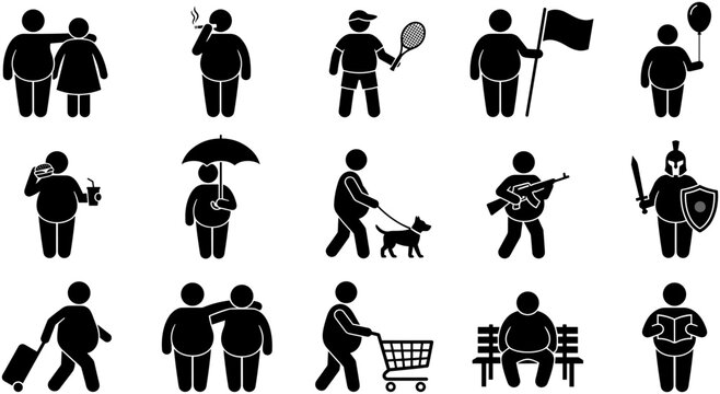 Set of stick figure icons representing overweight people in various daily activities.