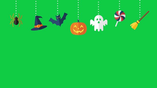 Hanging Halloween Icons Animation with Witch Hat, Bat, Pumpkin, Ghost and Broom on Green Background