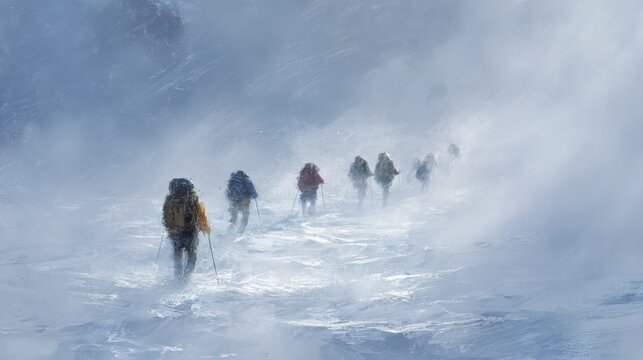 Snowy mountain storm at high altitude, hikers barely moving, heavy fog and snow, dramatic realism