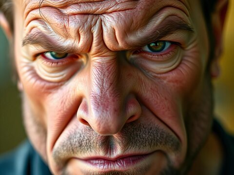 Close-up portrait captures rugged facial features with prominent wrinkles, defined jawline, and piercing gaze, mouth, gaze