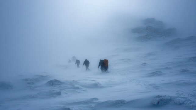 Snowy mountain storm at high altitude, hikers barely moving, heavy fog and snow, dramatic realism