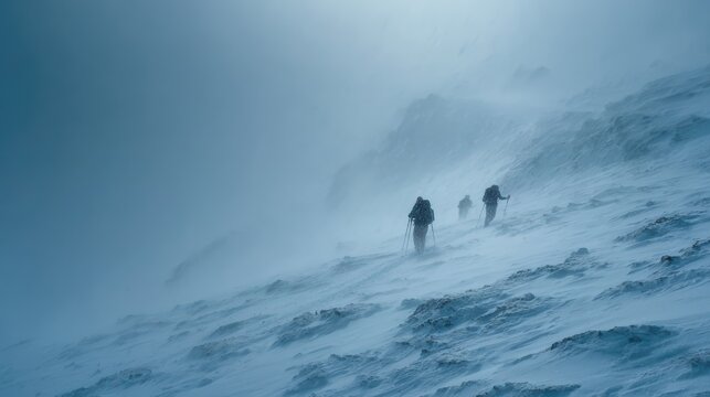 Stormy mountain ridge covered in snow, hikers barely walking, wind-driven snow, cinematic survival scene 