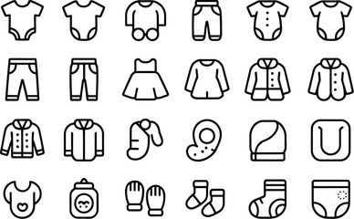 Fototapeta premium Collection of baby clothes and newborn accessories line art icons on transparent gray background. Vector illustration