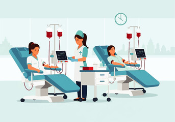Fototapeta premium Vector flat design illustration of nurses caring for patients during blood donation in a modern clinic setting