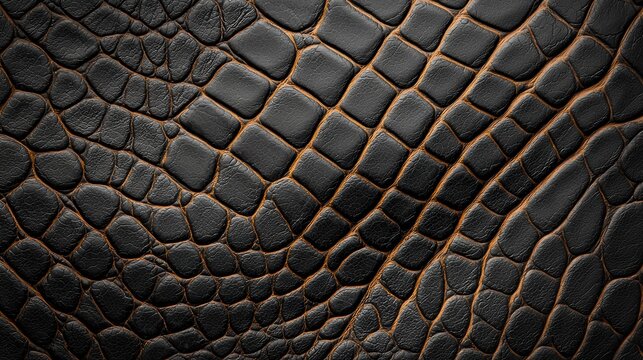 Close-up image of textured dark leather with a detailed, irregular pattern resembling reptile or crocodile skin.