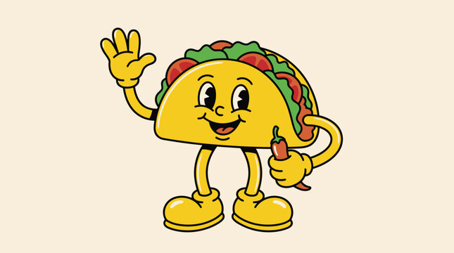 Cartoon Taco Character Waving with Cheerful Expression.