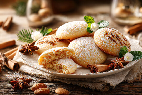 Classic Spanish crumbly almond shortbread cookies dusted with powdered sugar