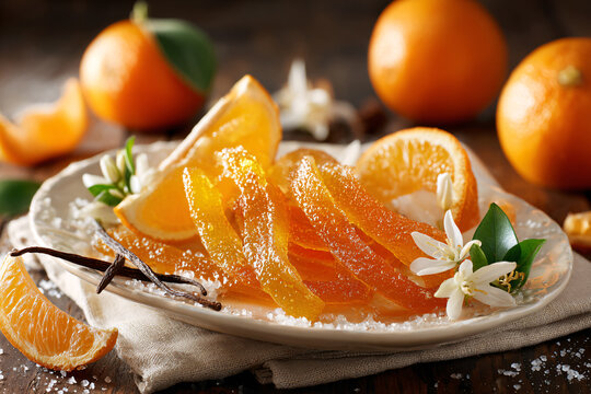 Sweet homemade candied orange peel prepared with fresh citrus and sugar