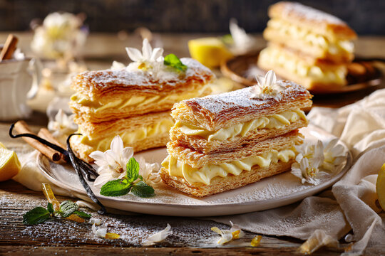 Flaky puff pastry layered with smooth vanilla cream and finished with powdered sugar
