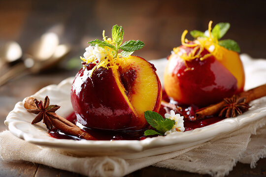 Classic Spanish poached peaches in red wine with warm spices and citrus garnish