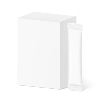 Blank package stick sachet mockup with paperboard box mockup for design, branding, presentation of food, pharmacy product. 3D hight realistic vector illustration isolated on white background. EPS10.