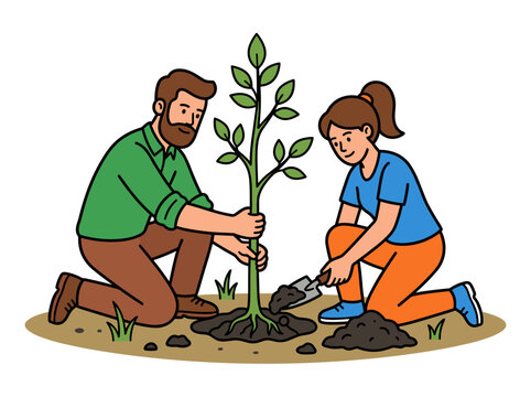 Man and woman planting a tree sapling together representing environmental protection growth teamwork and sustainability concept vector illustration isolated on white background