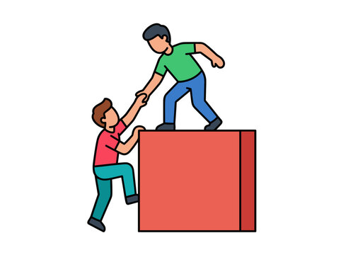Man helping friend climb up red block representing teamwork support leadership partnership and overcome obstacles concept vector illustration isolated on white background