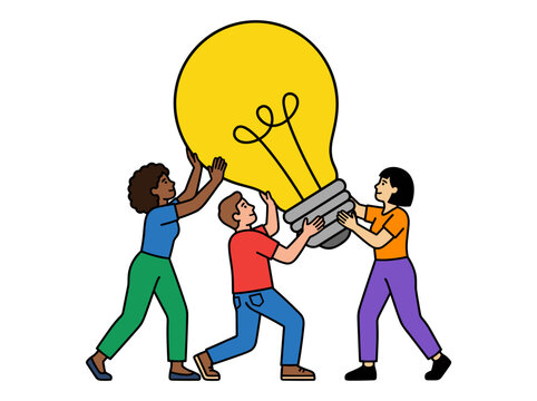 Diverse group of people holding up a giant light bulb representing teamwork creative idea innovation and brainstorming concept vector illustration isolated on white background